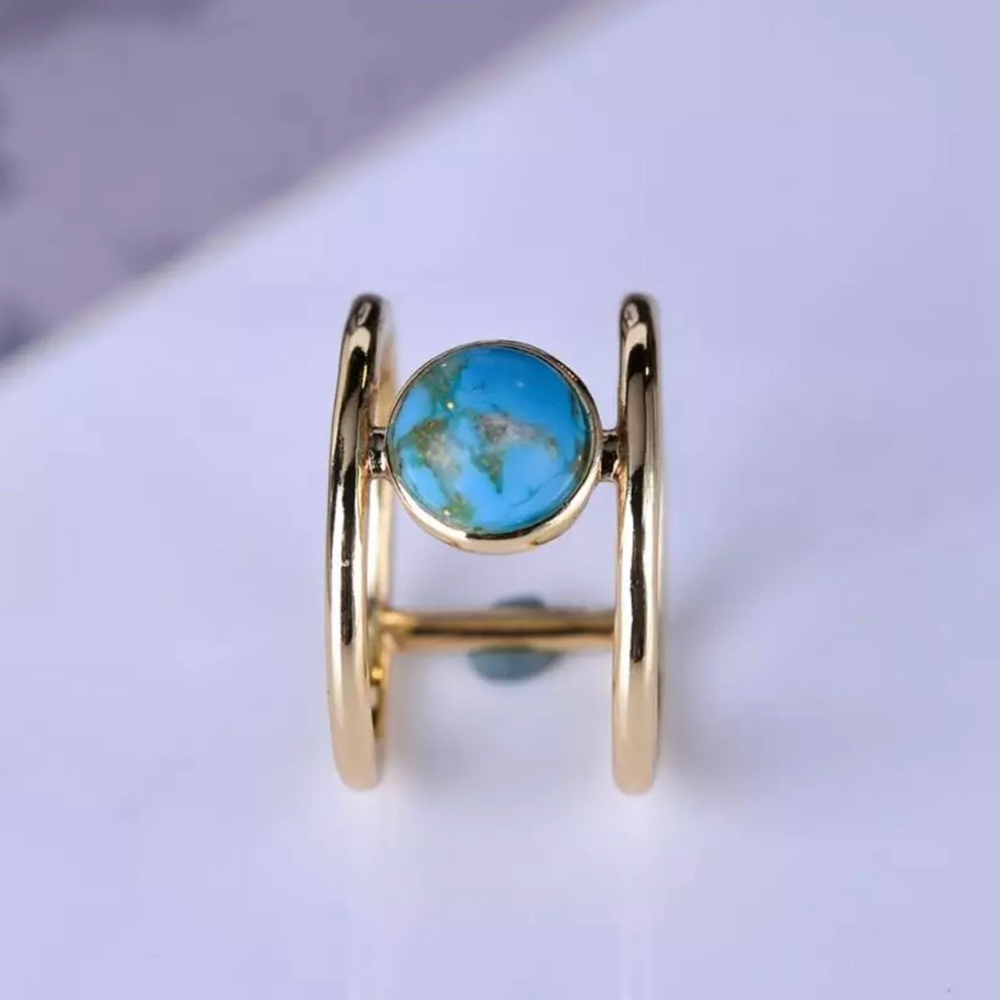 Vintage Gold Double Band Turquoise Ring - Picture 4 of 9